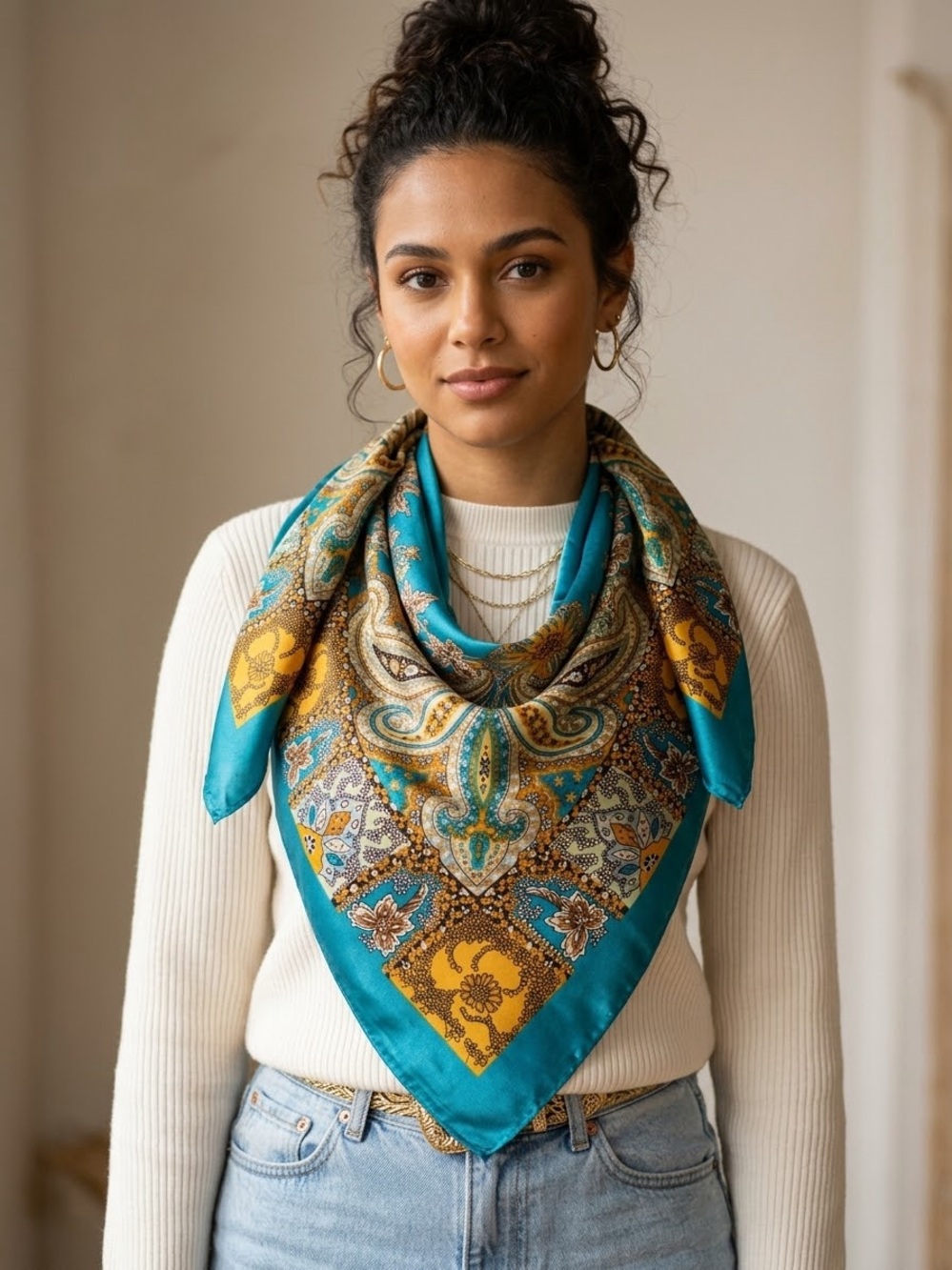 Vintage Teal Gold Paisley Square Satin Scarf Silk Feel
